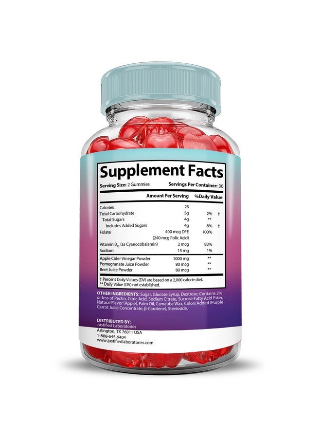 Justified Laboratories (2 عبوة) جوميز ألترا برايم كيتو ACV تركيبة متقدمة 1000 ملغ جوميز ألترا برايم كيتو خل التفاح مصنوعة من مسحوق عصير الرمان والبنجر B12 نباتي غير معدل وراثيًا 120 جوميز - Image 5