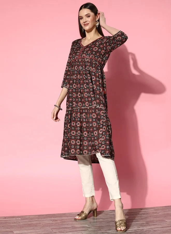 ISHIN Women's Black 100% Cotton Self Design A-Line Kurta