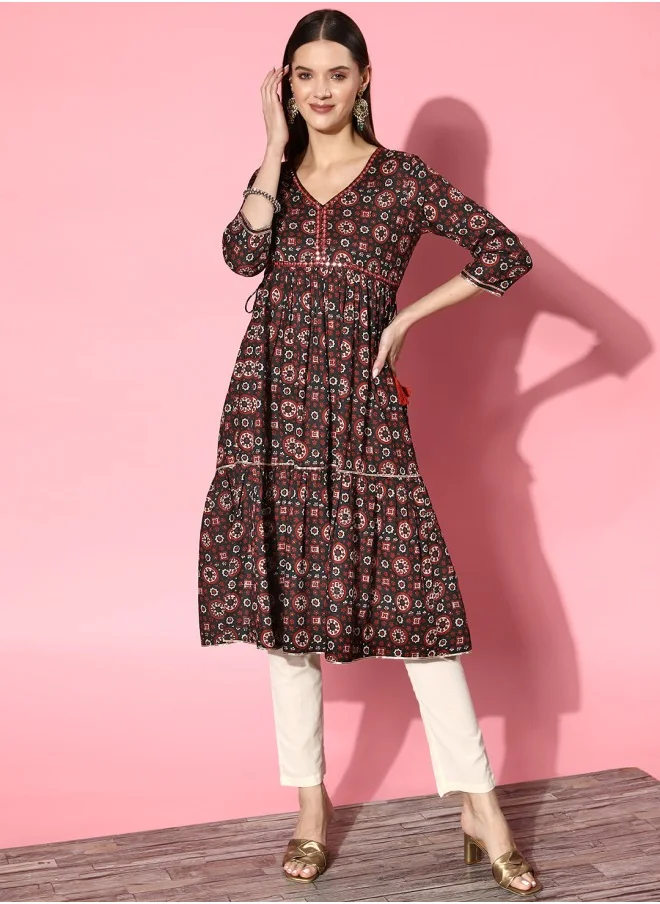 آي شين Aline Fit Self Design Pattern V-Neck Neck Three-Quarter Sleeves Black Colour Woven Cotton Kurtas for Women with Semi Elastic Closure - A Timeless Addition to Your Collection