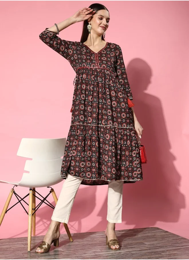 آي شين Aline Fit Self Design Pattern V-Neck Neck Three-Quarter Sleeves Black Colour Woven Cotton Kurtas for Women with Semi Elastic Closure - A Timeless Addition to Your Collection