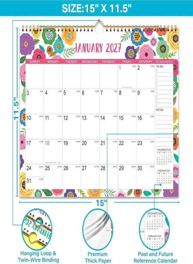 آرت فان تقويم حائط 2026-2027 - تقويم حائط 2026-2027، 15 بوصة × 11.5 بوصة، يوليو 2026 - ديسمبر 2027، تقويم شهري 26-27، خطاف للتعليق - زهور ملونة - Image 4