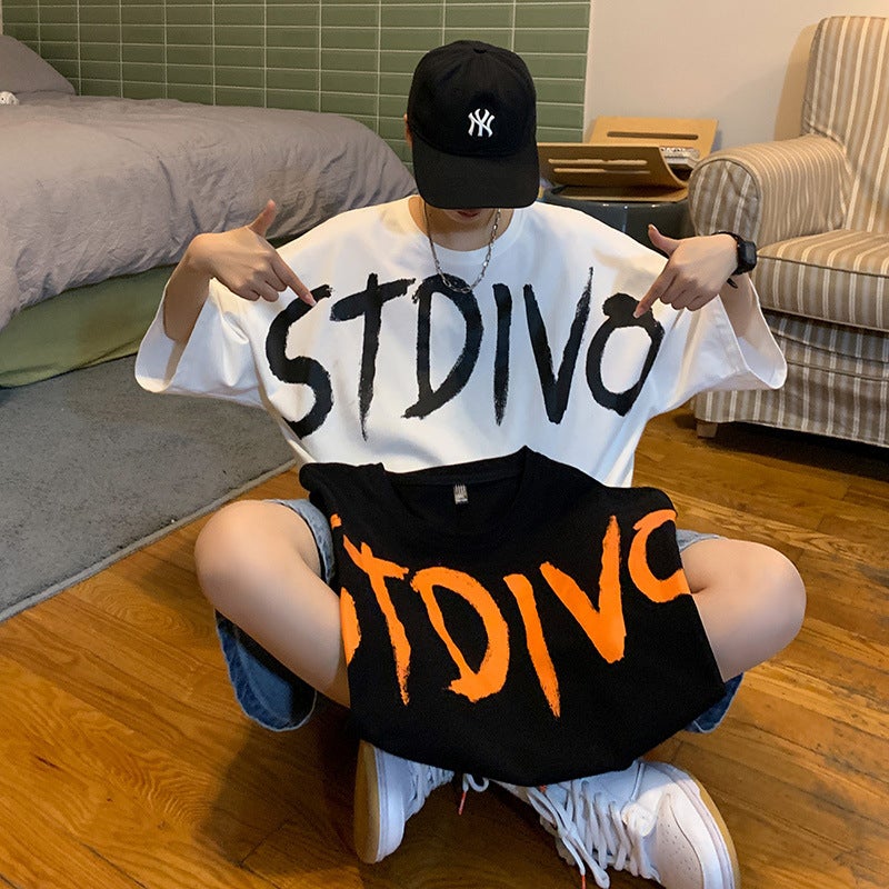 English Printed Short-sleeved T-shirt Men's Fashionable Brand Summer Loose Couple Half-sleeved Hip-hop Fashionable oversize Top for Men - Image 3