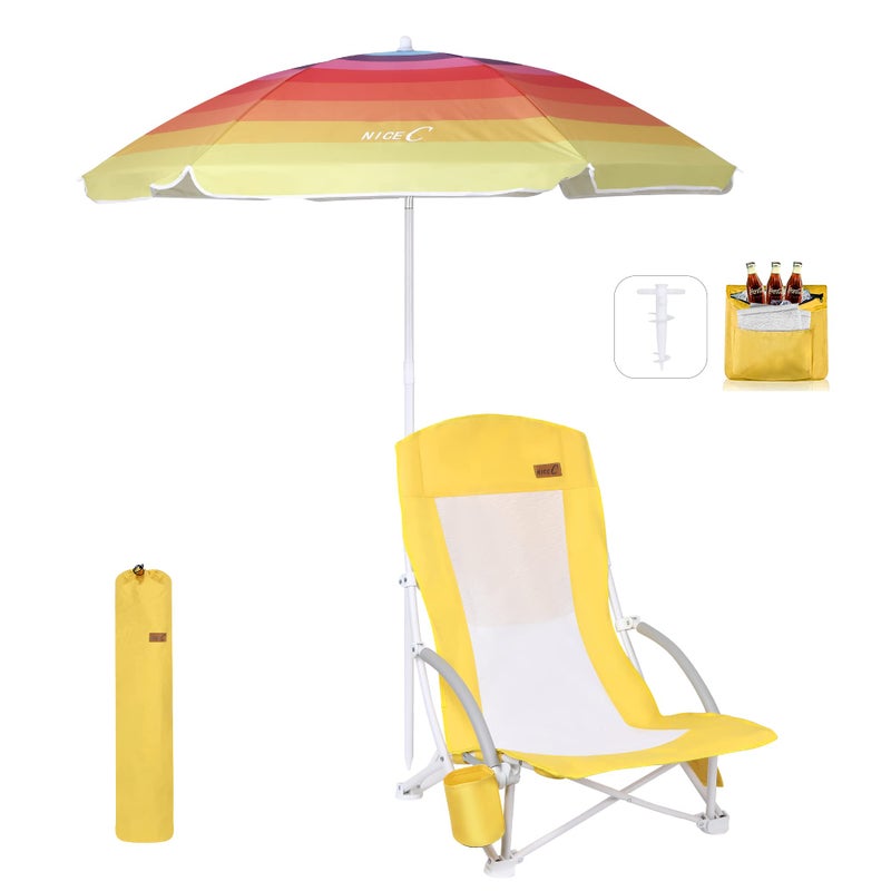 Nice C Beach Chair, Sand Chair, Lake Chairs for Adults with Umbrella and Cooler, Low Beach Chairs High Back, Cup Holder & Carry Bag & Heavy Duty Compact Outdoor, Camping (One Yellow) - Image 1