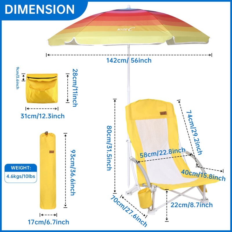 Nice C Beach Chair, Sand Chair, Lake Chairs for Adults with Umbrella and Cooler, Low Beach Chairs High Back, Cup Holder & Carry Bag & Heavy Duty Compact Outdoor, Camping (One Yellow) - Image 5