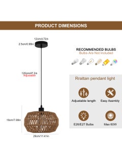 Ganeed 1-Light Bohemian Modern Bamboo Rattan Pendant Light Farmhouse Woven Wicker Lampshade Boho Light Fixtures Hanging Lamp Vintage Ceiling Lights for Bedroom Living Room Hallway Kitchen Entryway  - Image 3
