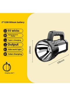 Generic Strong Light Portable Lamp LCD Digital Electric Display Large Floodlight Flashlight Solar Outdoor Emergency Aluminum Alloy Searchlight-Color:V24 Solar 96 Cups 55 Wick + Side Light (white) 2*1200 Batteries  - Image 1
