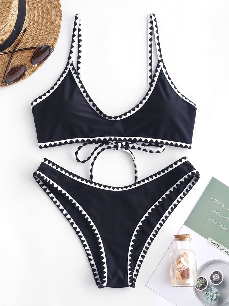ZAFUL Women's Tie Back Padded High Cut Bralette Bikini Set Two Piece Swimsuit (2-Black, Small) - Image 2