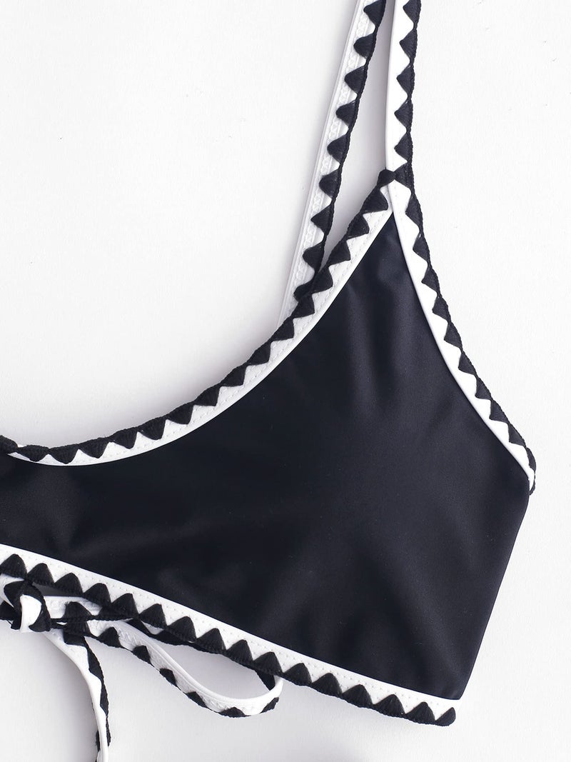ZAFUL Women's Tie Back Padded High Cut Bralette Bikini Set Two Piece Swimsuit (2-Black, Small) - Image 4