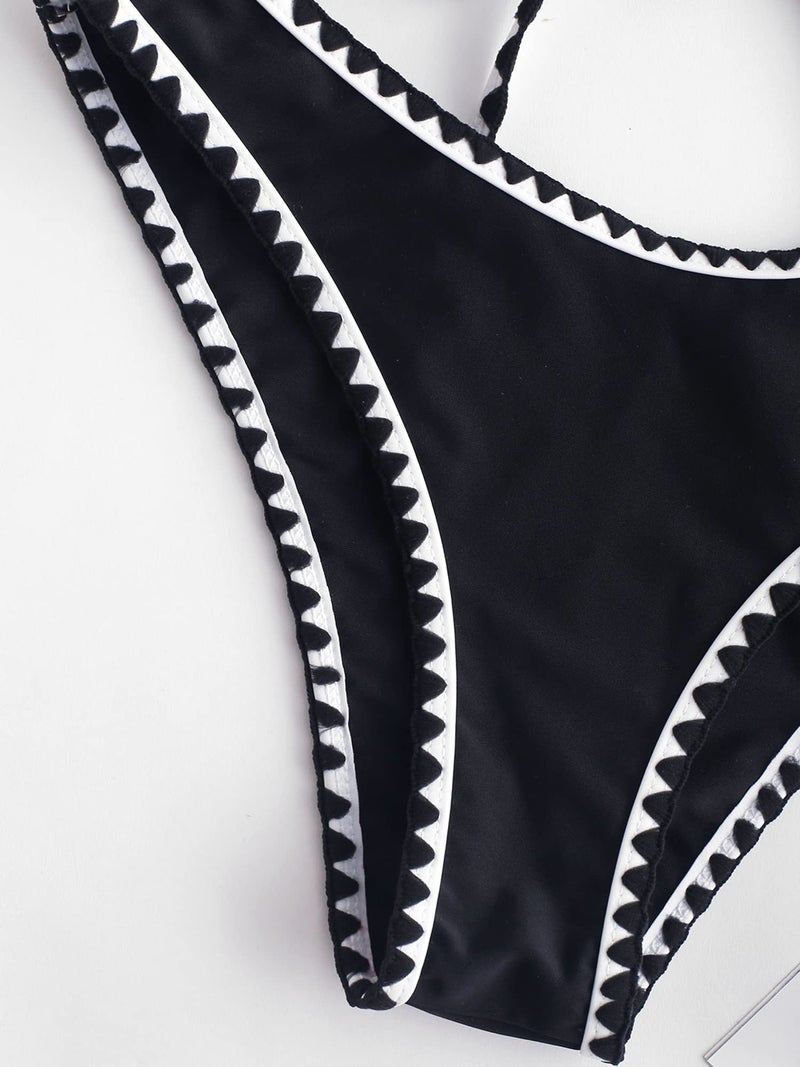 ZAFUL Women's Tie Back Padded High Cut Bralette Bikini Set Two Piece Swimsuit (2-Black, Small) - Image 5