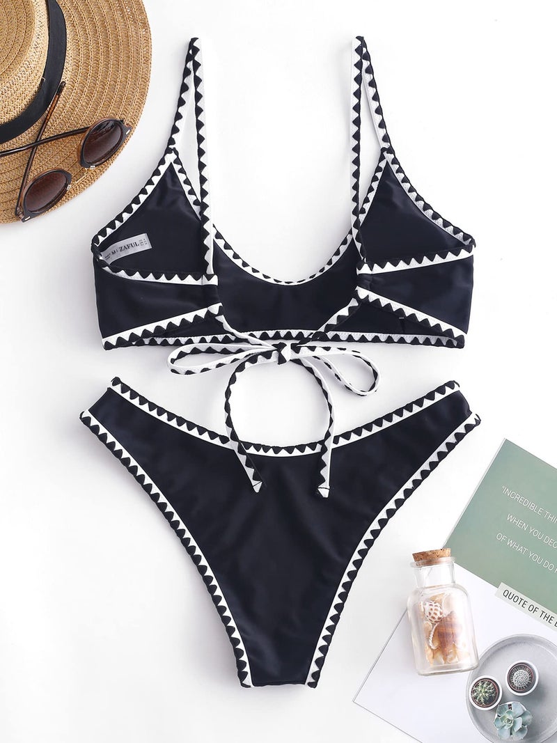 ZAFUL Women's Tie Back Padded High Cut Bralette Bikini Set Two Piece Swimsuit (2-Black, Small) - Image 3