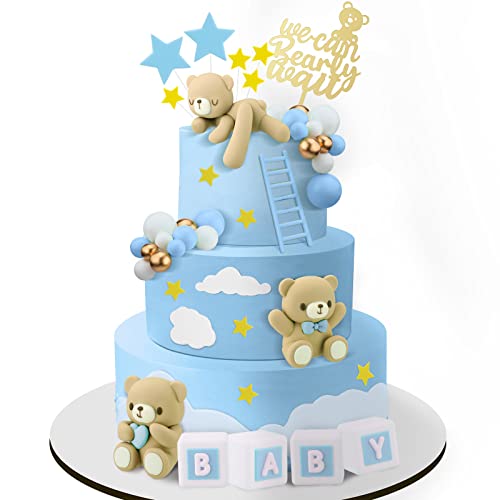 Yinder Bear Cake Toppers Mini Bear Cake Decorations Cake Toppers Gold White Pearl Ball for Birthday Party DecorationsBlue BrownCute Style - Image 1