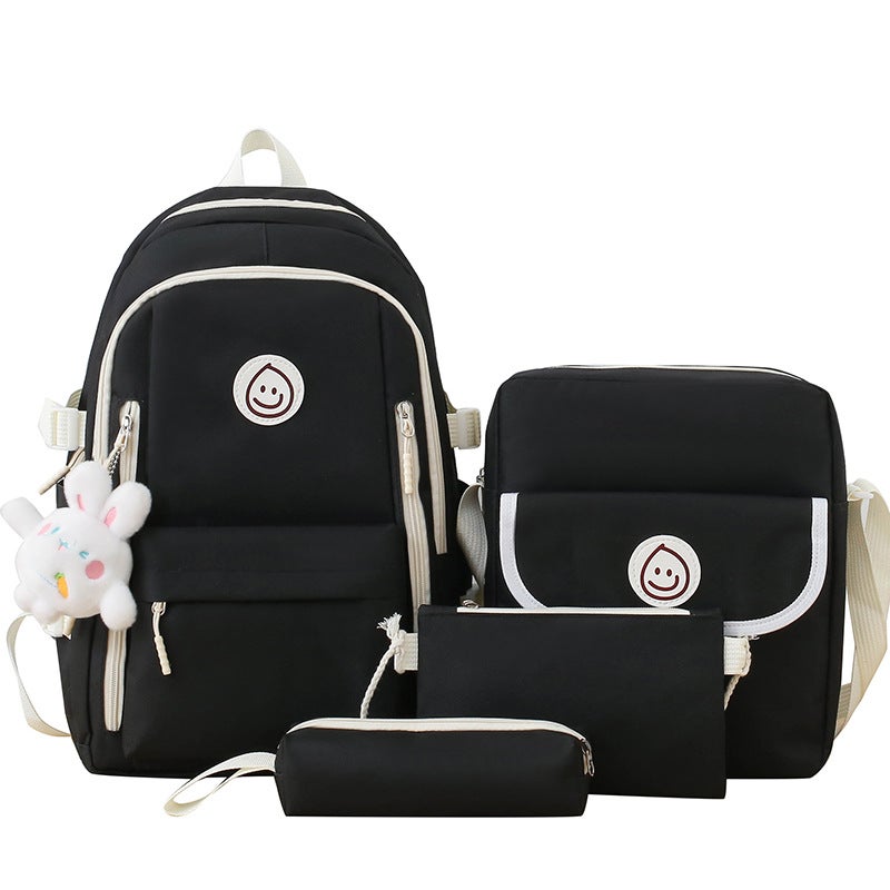 2025 Cross-border New Style Simple Backpack Lightweight Large Capacity Junior High School Schoolbag Korean Casual Backpack Black four-piece set 