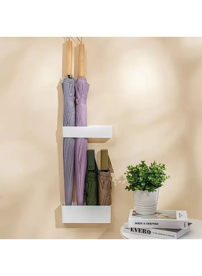 Modern Wall Mounted Umbrella Holder With Water Tray 2Pcs Set White - Image 5