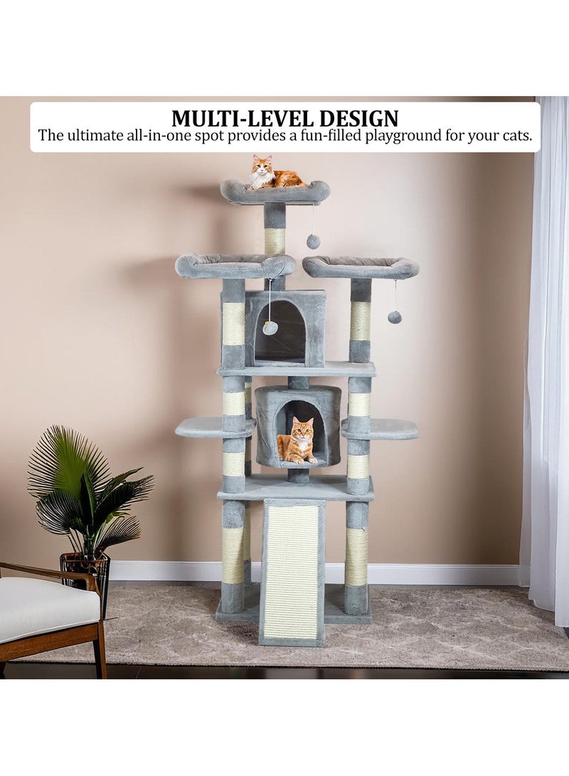 Cat tree tower with Multiple perches, Dangling balls, Double cat condos, and Scratching posts, Multi-level cat tree activity center for indoor cats and kittens 170 cm (Grey)