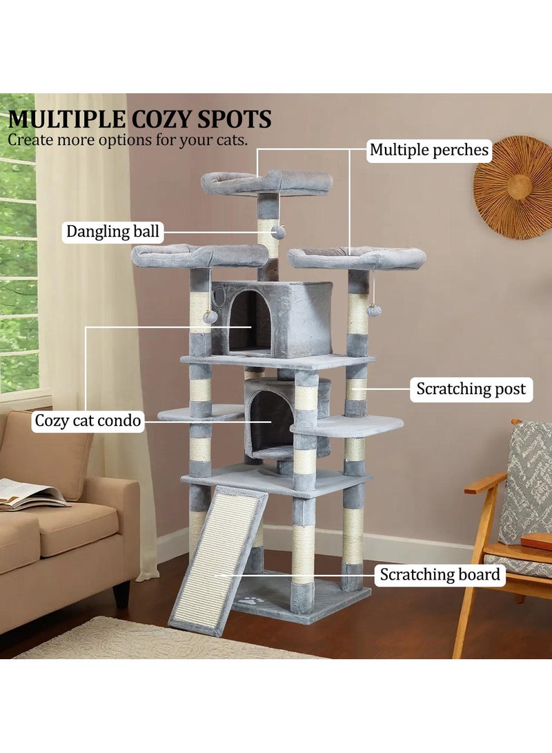 Cat tree tower with Multiple perches, Dangling balls, Double cat condos, and Scratching posts, Multi-level cat tree activity center for indoor cats and kittens 170 cm (Grey)