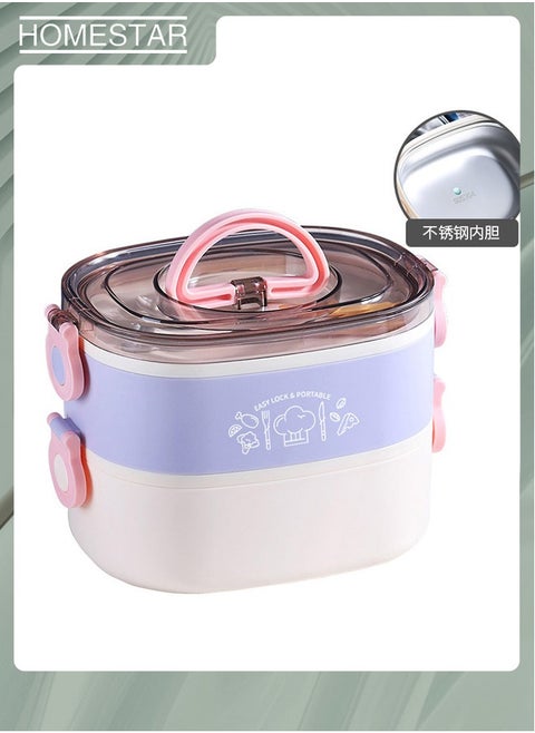 Two Layer 304 Stainless Steel Bento Box with 3 Compartments Lunch Box Food Container For Adults Kids Purple/White