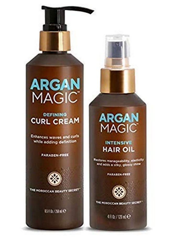 ARGAN MAGIC - Rgan Magic Defining Curl Cream & Hair Cream Oil Combo Pack Enhances Waves & Curls Adds Definition ; Restores Manageability ; Adds Silky Glossy Shine ; Made In Usa ; Paraben Free (8.5 Oz / 4 Oz) - Image 1