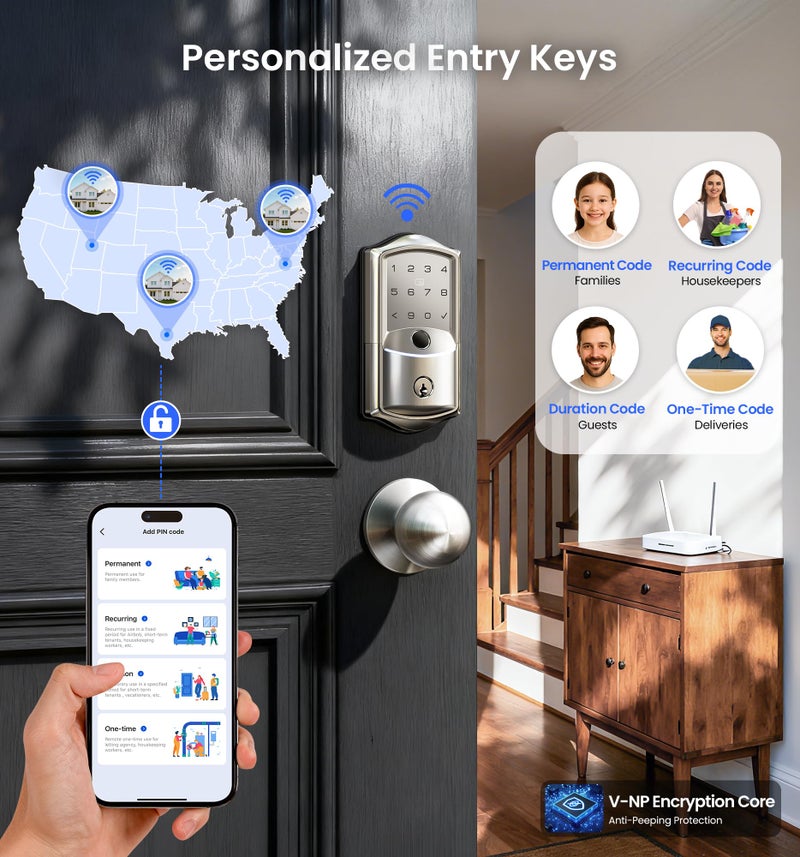 Veise VE027-K Built-in WiFi Smart Lock with 2 Knob, Fingerprint Keyless Entry Door Lock Handle Set for Front Door, App Remote Control, Electronic Digital Keypad Deadbolt, IP65 Waterproof, Satin Nickel - Image 5