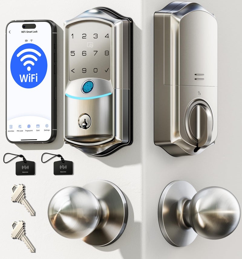 Veise VE027-K Built-in WiFi Smart Lock with 2 Knob, Fingerprint Keyless Entry Door Lock Handle Set for Front Door, App Remote Control, Electronic Digital Keypad Deadbolt, IP65 Waterproof, Satin Nickel - Image 1