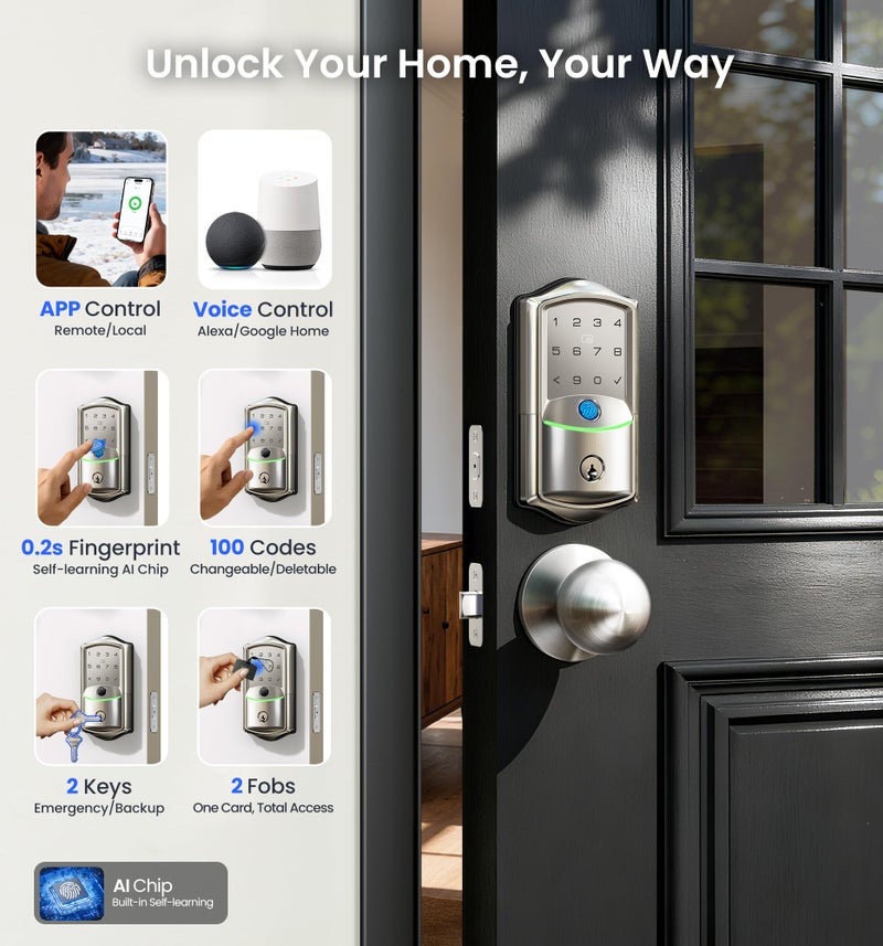 Veise VE027-K Built-in WiFi Smart Lock with 2 Knob, Fingerprint Keyless Entry Door Lock Handle Set for Front Door, App Remote Control, Electronic Digital Keypad Deadbolt, IP65 Waterproof, Satin Nickel - Image 2