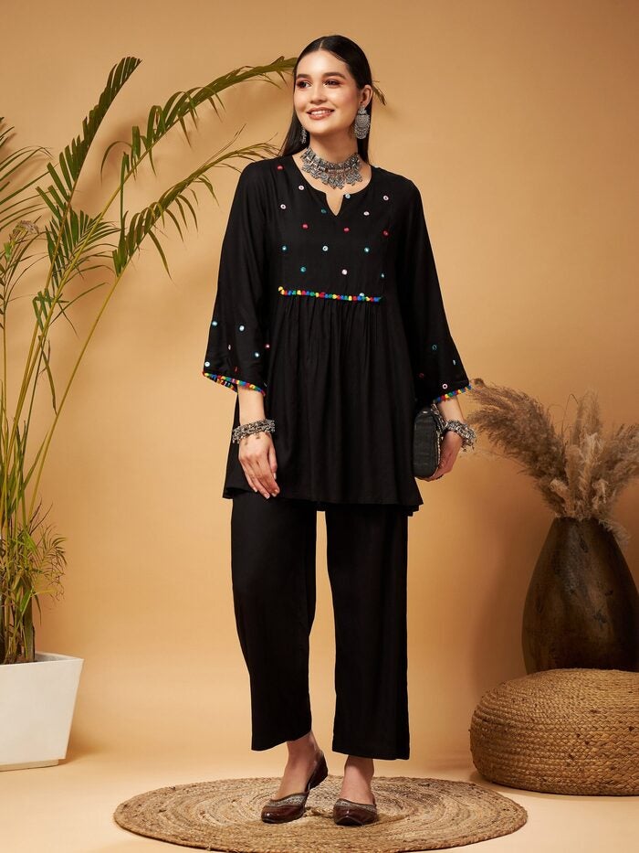 PRASHA Women Black Mirror Work Embroidered Top With Palazzos - Image 1