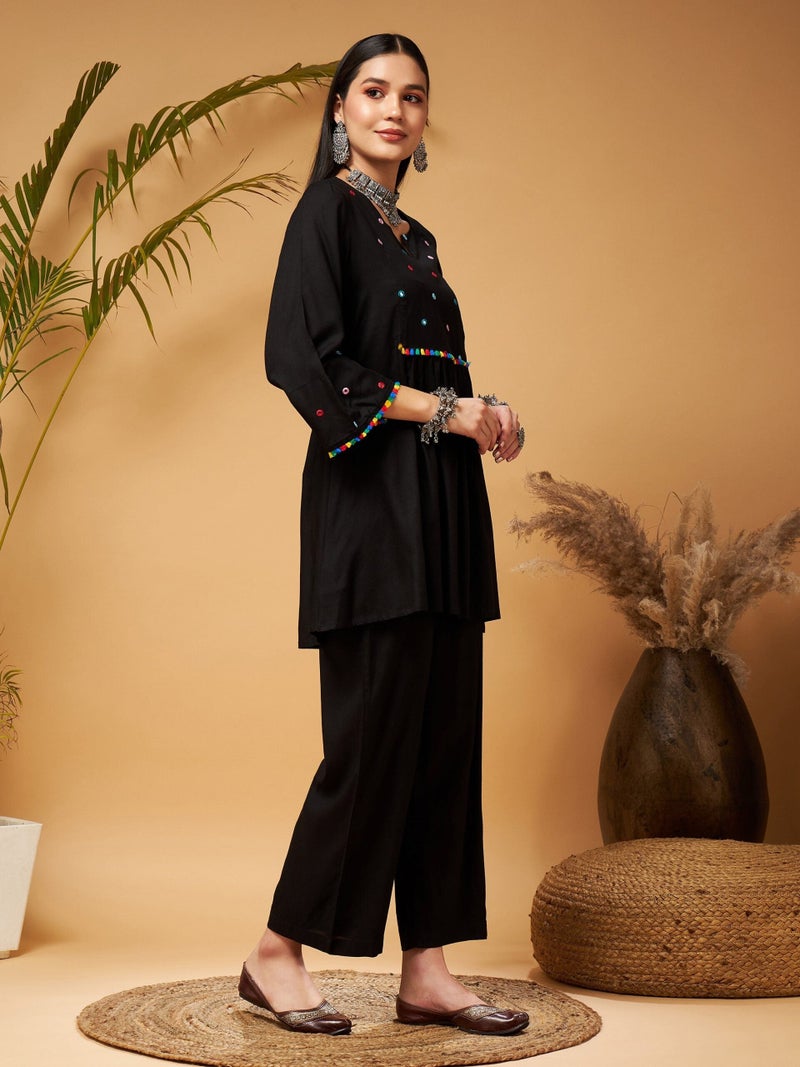 PRASHA Women Black Mirror Work Embroidered Top With Palazzos - Image 3