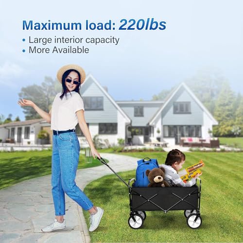 Matiko Collapsible Foldable Wagon, Heavy Duty Beach Cart, Folding Wagon Portable, Black Large Capacity Utility Wagon, Garden Cart with Adjustable Handle for Shopping, Camping, Outdoor 43cm*72cm*43cm (Medium) - Image 4