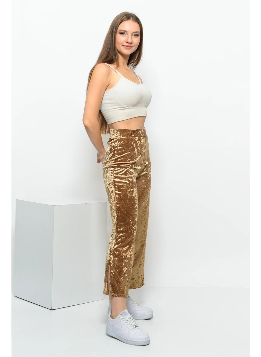 Nuseel Women's Elastic Waist Side Slit Ribbed Velvet Trousers Gold
