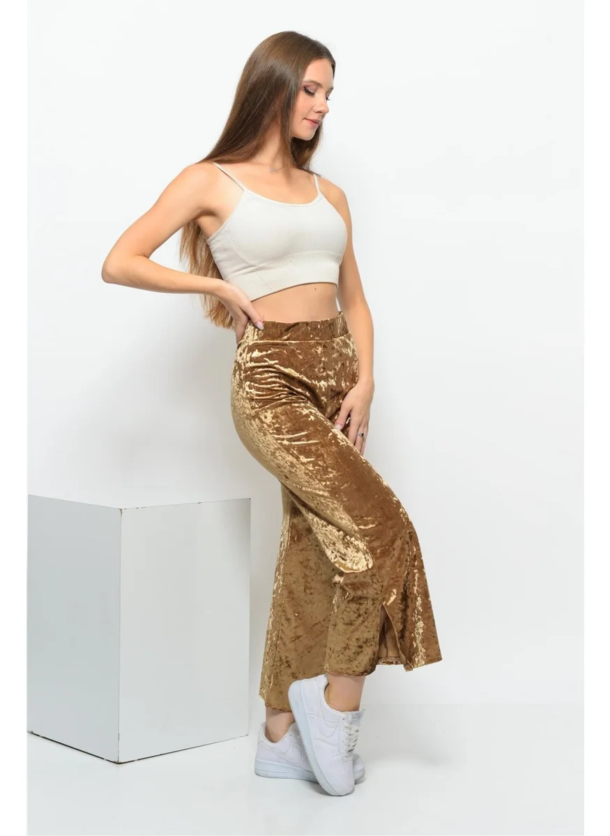 Nuseel Women's Elastic Waist Side Slit Ribbed Velvet Trousers Gold
