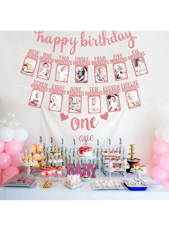 HiParty 1st Birthday Baby Photo Banner, Happy Birthday Banner 17pcs First Birthday Decorations for Girl Newborn to 12 Months, First Birthday Photo Banner Garland Bunting with ONE Cake Topper, Rose Gold - Image 2