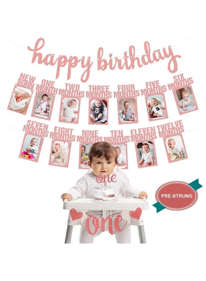 HiParty 1st Birthday Baby Photo Banner, Happy Birthday Banner 17pcs First Birthday Decorations for Girl Newborn to 12 Months, First Birthday Photo Banner Garland Bunting with ONE Cake Topper, Rose Gold - Image 1
