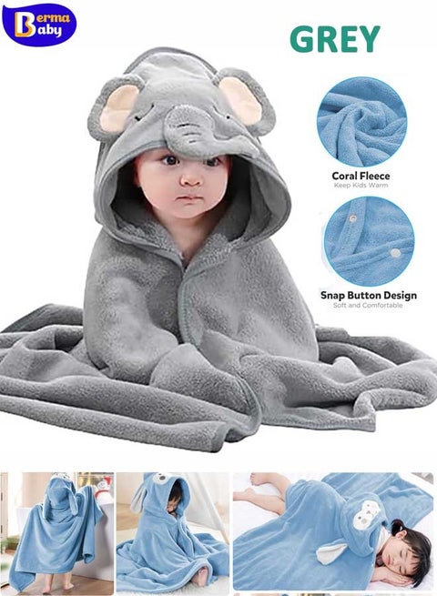 Ultra Soft Hooded And Highly Absorbent Bathrobe Blanket Baby Bath Towel Grey  80 x 80 Cm