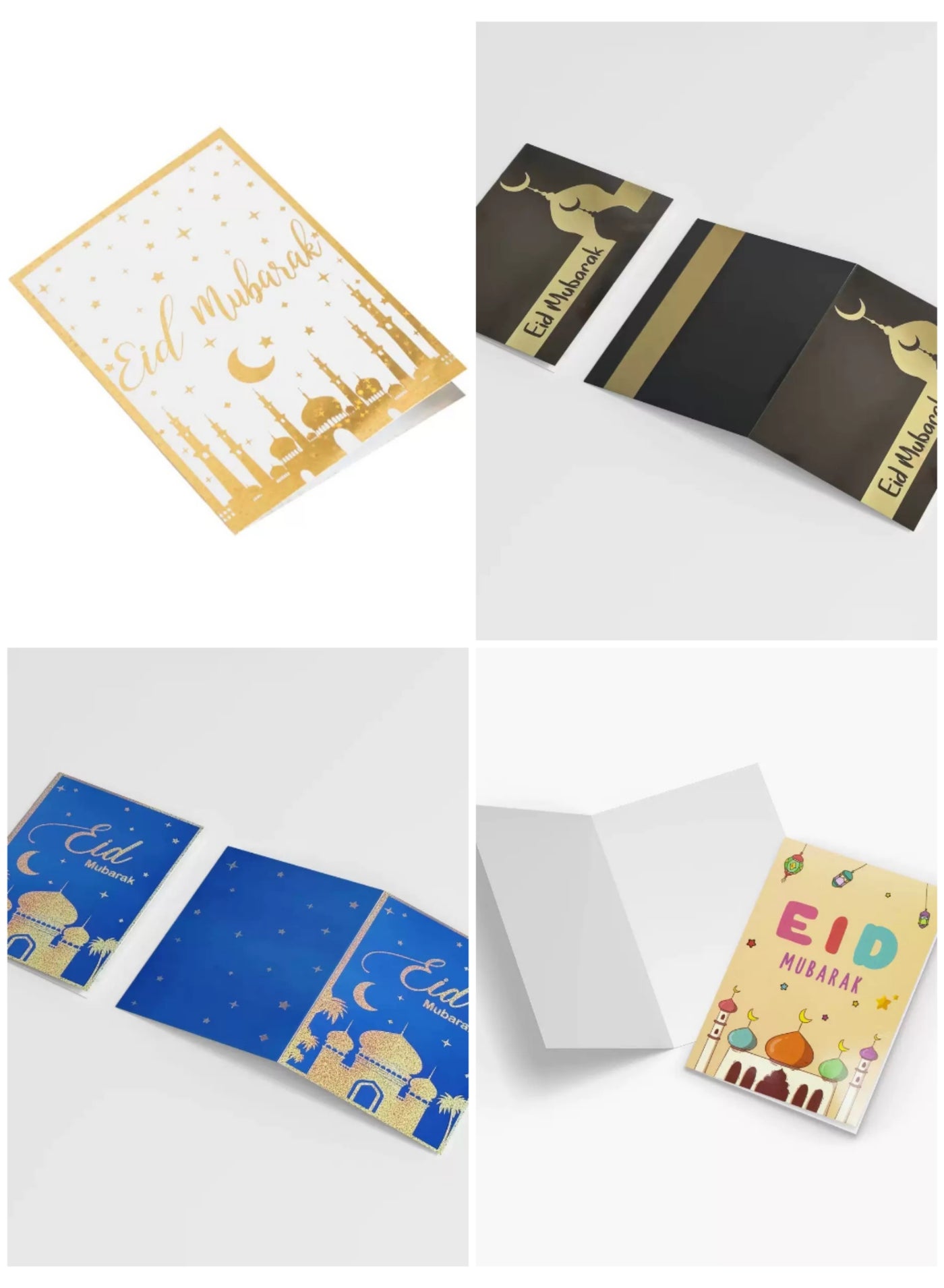 Eid Mubarak Greeting Cards (20 Pcs, 4 Designs) with White Envelopes – Islamic Festive Cards for Eid Gifts & Celebrations
