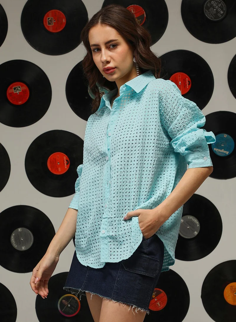 Campus Sutra Women's Sky Blue See-Through Square Oversized Shirt For Casual Wear | Spread Collar | Long Sleeves | Button Closure | Oversized Shirt Crafted With Comfort Fit For Everyday Wear