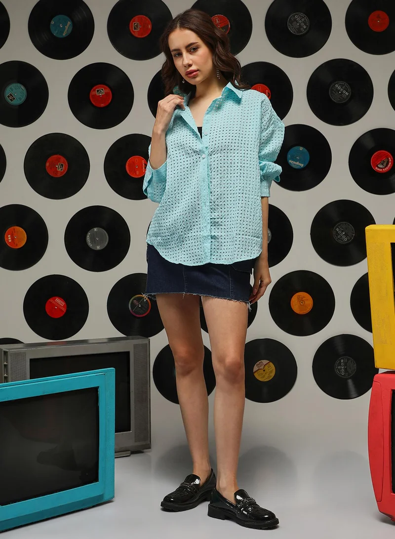 Campus Sutra Women's Sky Blue See-Through Square Oversized Shirt For Casual Wear | Spread Collar | Long Sleeves | Button Closure | Oversized Shirt Crafted With Comfort Fit For Everyday Wear