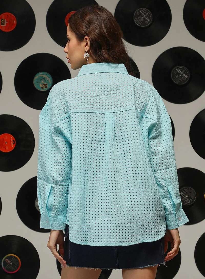 Campus Sutra Women's Sky Blue See-Through Square Oversized Shirt For Casual Wear | Spread Collar | Long Sleeves | Button Closure | Oversized Shirt Crafted With Comfort Fit For Everyday Wear