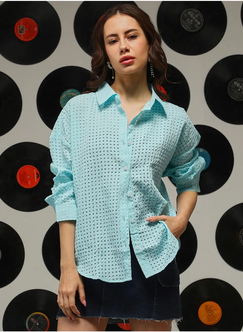 Campus Sutra Women's Sky Blue See-Through Square Oversized Shirt