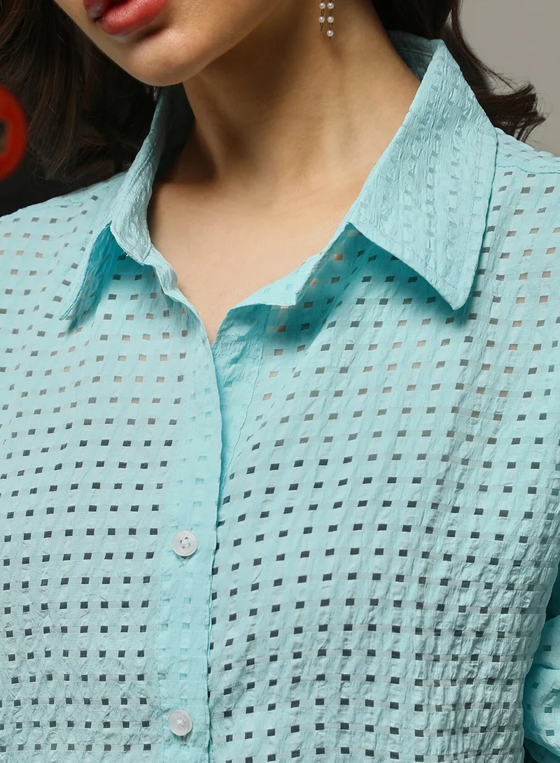 Campus Sutra Women's Sky Blue See-Through Square Oversized Shirt For Casual Wear | Spread Collar | Long Sleeves | Button Closure | Oversized Shirt Crafted With Comfort Fit For Everyday Wear