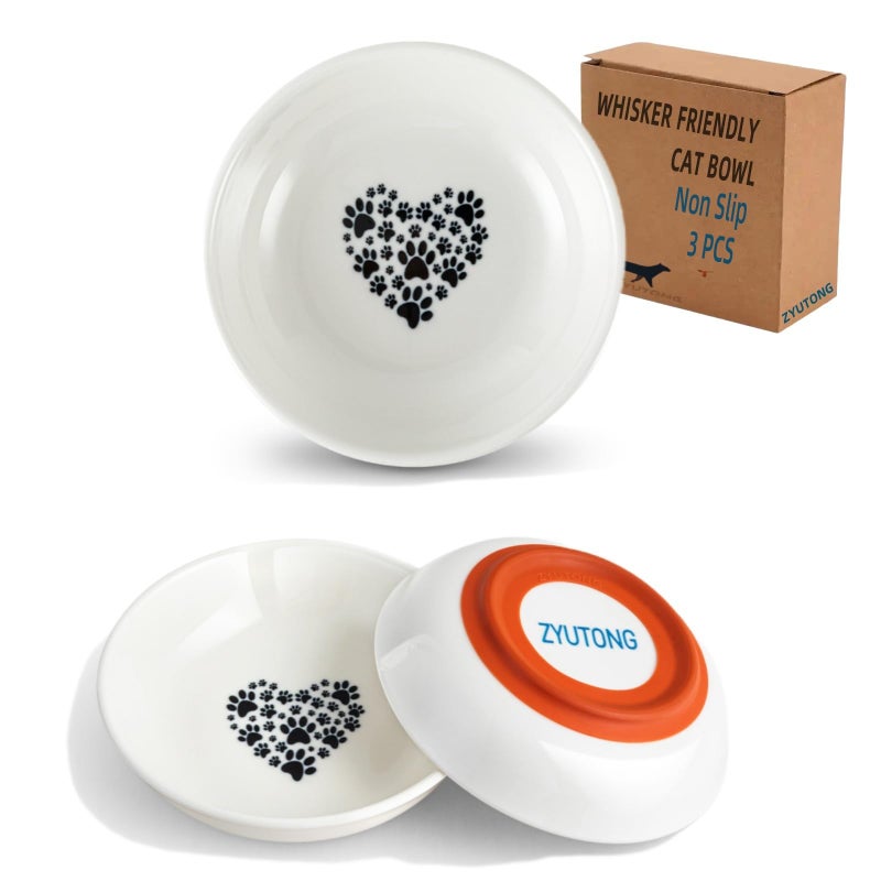 ZYUTONG Ceramic Cat Bowl Whisker Friendly 3 Pack Shallow Wide Cat Food Bowls 55 NonSlip Cats Dishes Silicone Base Dishwasher Microwave Safe Indoor Cats Food Water Bowl Cute Heart Paw Design - Image 2