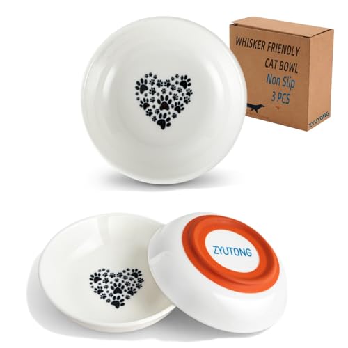 ZYUTONG Ceramic Cat Bowl Whisker Friendly 3 Pack Shallow Wide Cat Food Bowls 55 NonSlip Cats Dishes Silicone Base Dishwasher Microwave Safe Indoor Cats Food Water Bowl Cute Heart Paw Design - Image 1