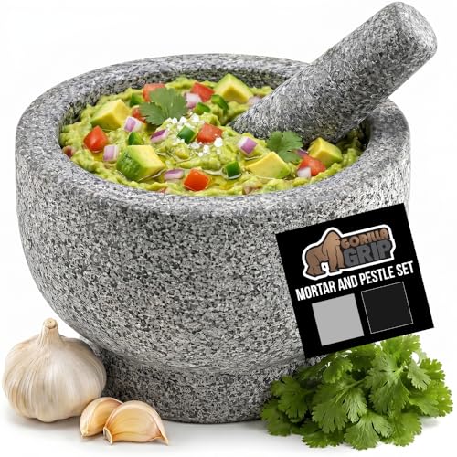 GORILLA GRIP 100 Natural Granite Stone Mortar and Pestle Set 2 Cup NonScratch Base Heavy Duty Unpolished Molcajete Guacamole Salsa Bowl Grind Seeds Herbs Pills Kitchen Lab Muddler Gray - Image 1