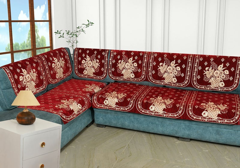 SAWNA HOMES L Shape 7 Seater Velvet Chenille Sofa Cover Set | Printed Sofa Back Covers with Ties | Anti-Slip Royal Look Sofa Protector for 3,2,1 Seater Sofa for Living Room (6 Pcs, Maroon) - Image 1