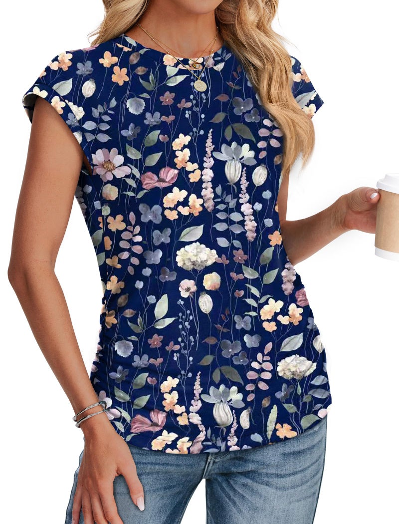 SAMPEEL Blouses for Women Dressy Casual Tops Summer Outfits Beach Vacation Clothes Maternity Ladies Shirts Trendy Date Night Outfit for Women Fahion 2026 Navy Floral M - Image 3