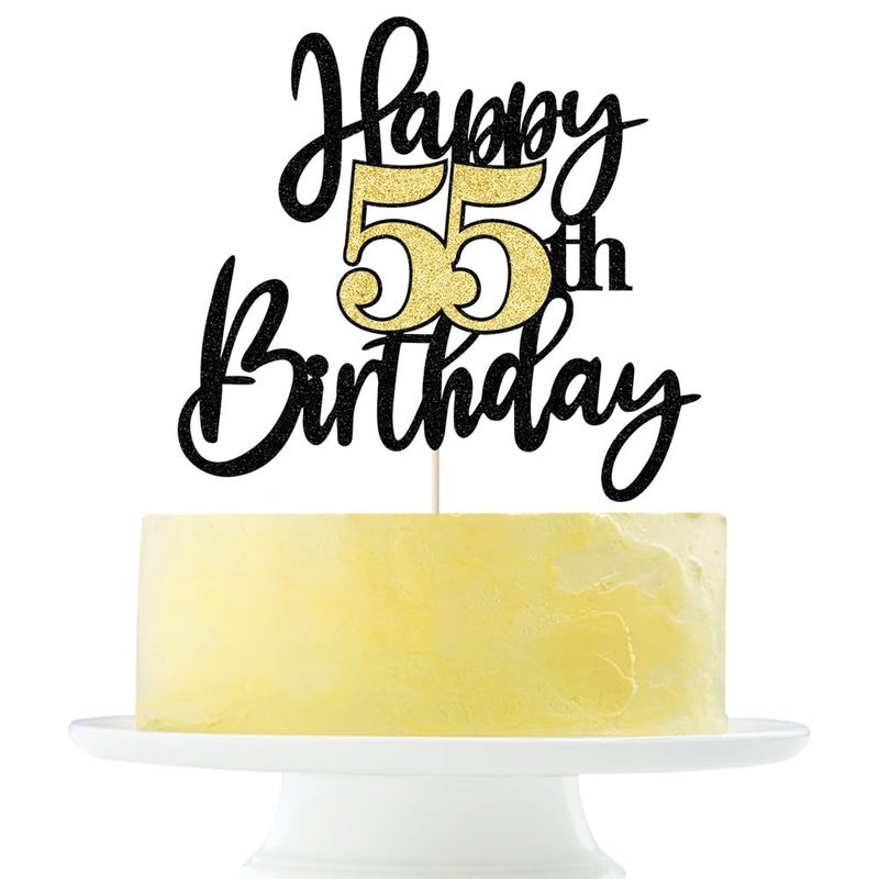 Yetxel Black Gold Glitter Happy 55th Birthday Cake Topper Happy 55 Birthday Cake Decoration for 55 & Fabulous Birthday Hello 55 Party Anniversary Party Cake Decorations Supplies - Image 1