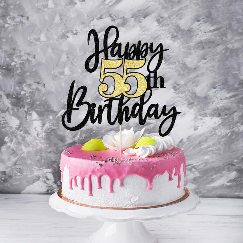 Yetxel Black Gold Glitter Happy 55th Birthday Cake Topper Happy 55 Birthday Cake Decoration for 55 & Fabulous Birthday Hello 55 Party Anniversary Party Cake Decorations Supplies - Image 4