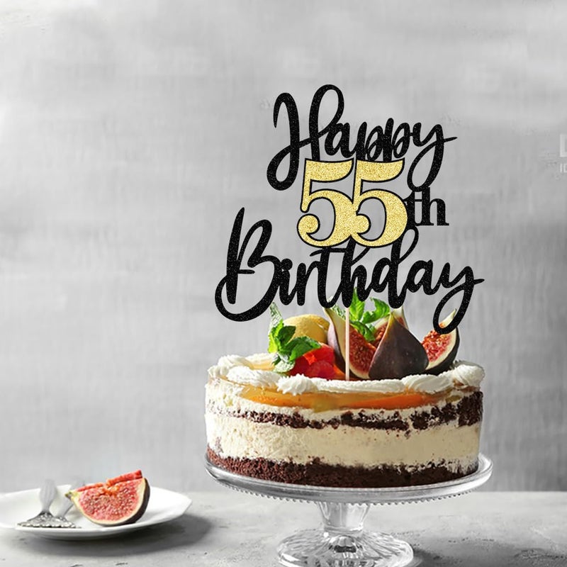 Yetxel Black Gold Glitter Happy 55th Birthday Cake Topper Happy 55 Birthday Cake Decoration for 55 & Fabulous Birthday Hello 55 Party Anniversary Party Cake Decorations Supplies - Image 5