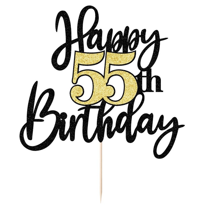 Yetxel Black Gold Glitter Happy 55th Birthday Cake Topper Happy 55 Birthday Cake Decoration for 55 & Fabulous Birthday Hello 55 Party Anniversary Party Cake Decorations Supplies - Image 2