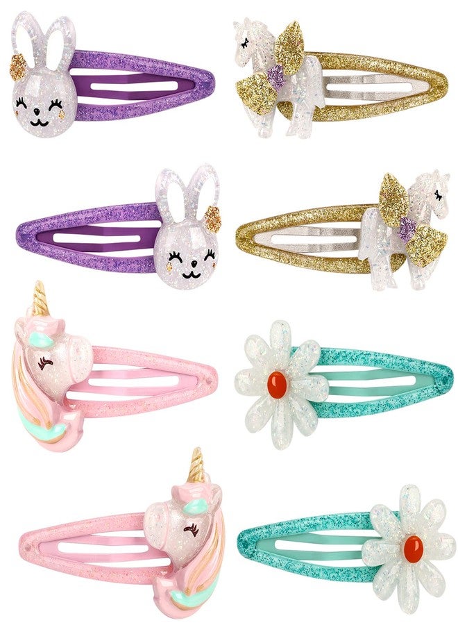 Wingchold Girls Flower Snap Hair Clips, 8Pcs Unicorn No Slip Metal Hair Clips, Sparkly Unicorn Hair Accessories for Toddlers Kids, Colorful Rabbit Barrette Hair Pins, Party Birthday Gift Supplies - Image 1