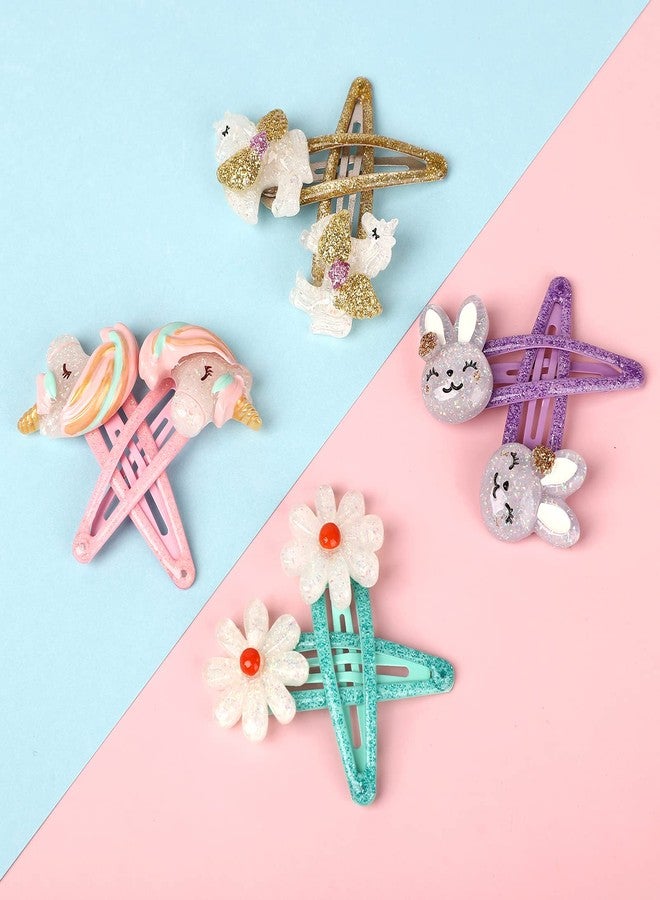 Wingchold Girls Flower Snap Hair Clips, 8Pcs Unicorn No Slip Metal Hair Clips, Sparkly Unicorn Hair Accessories for Toddlers Kids, Colorful Rabbit Barrette Hair Pins, Party Birthday Gift Supplies - Image 4