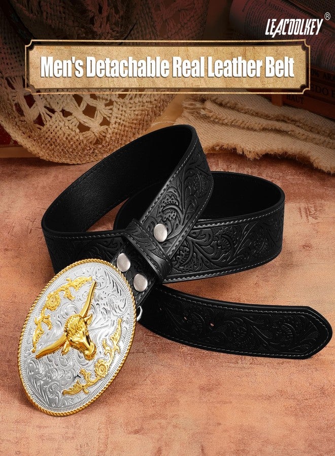 LEACOOLKEY Men's Leather Belt Western Cowboy Leather Belt for Jeans Pants Snap Belt with Detachable Buckle - Image 5